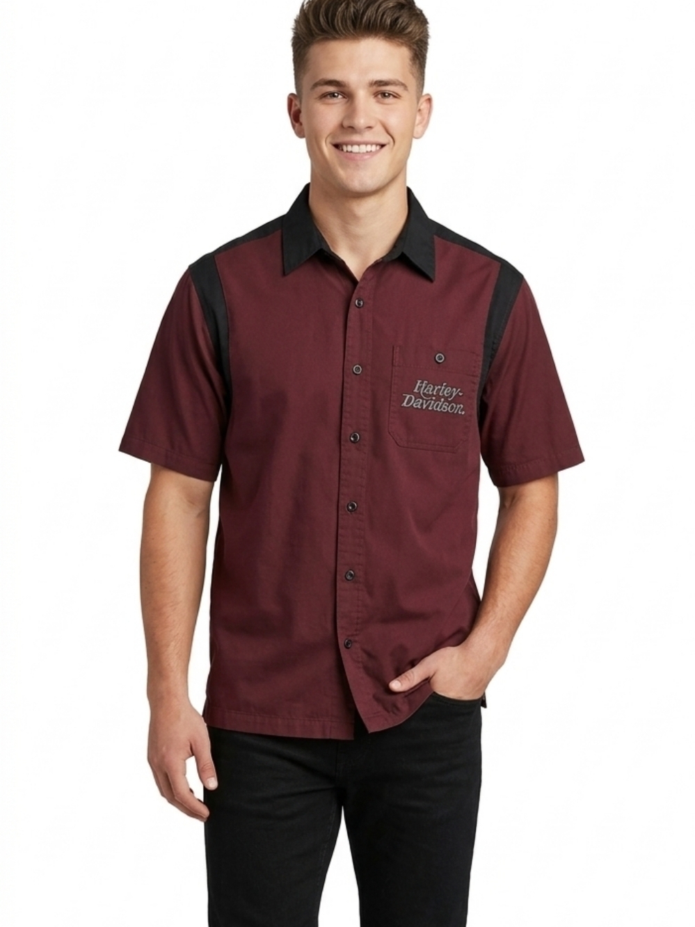 Harley-Davidson Burgandy Color Casual Button Down Short Sleeve Shirt Mens Large